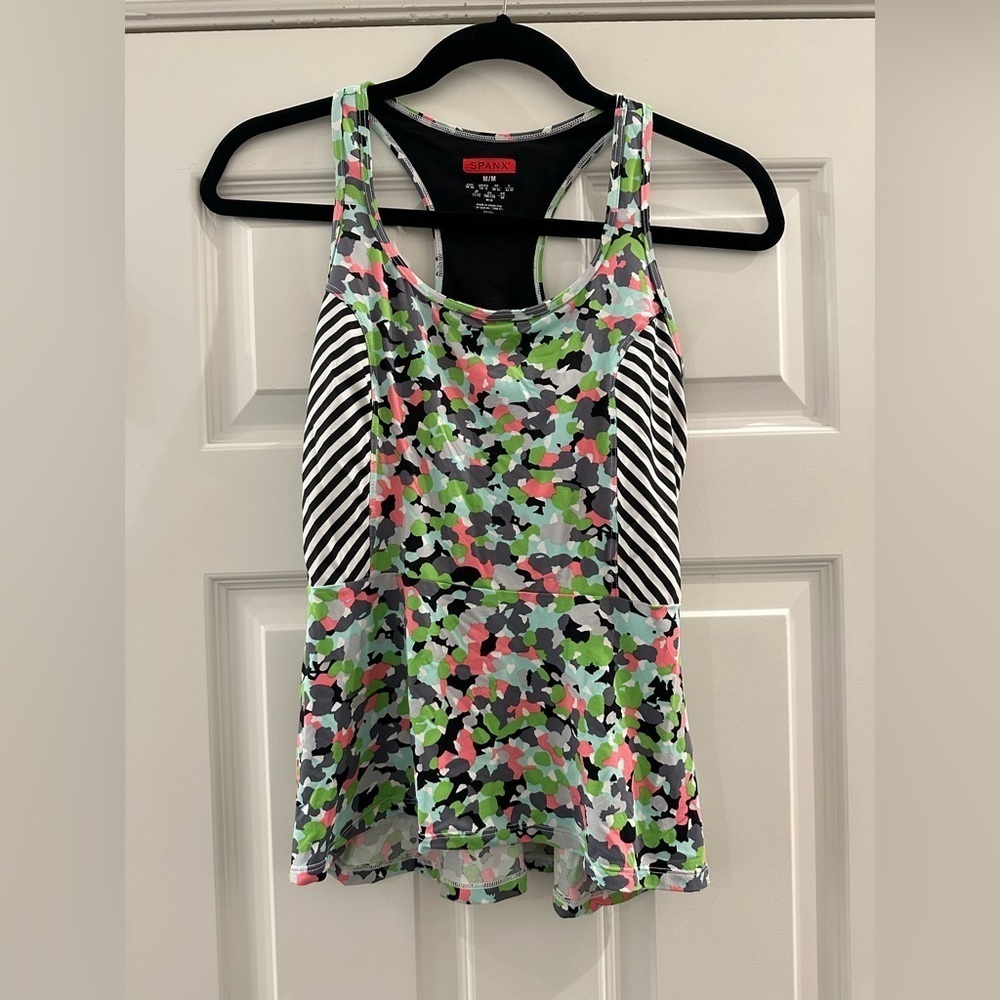 SPANX Floral & Striped Peplum Racerback Tank in Multicolor Medium Athleisure